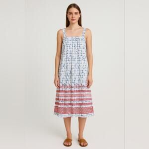 Wrap London Square Neck Linen Midi Embroidered Sundress Size 4